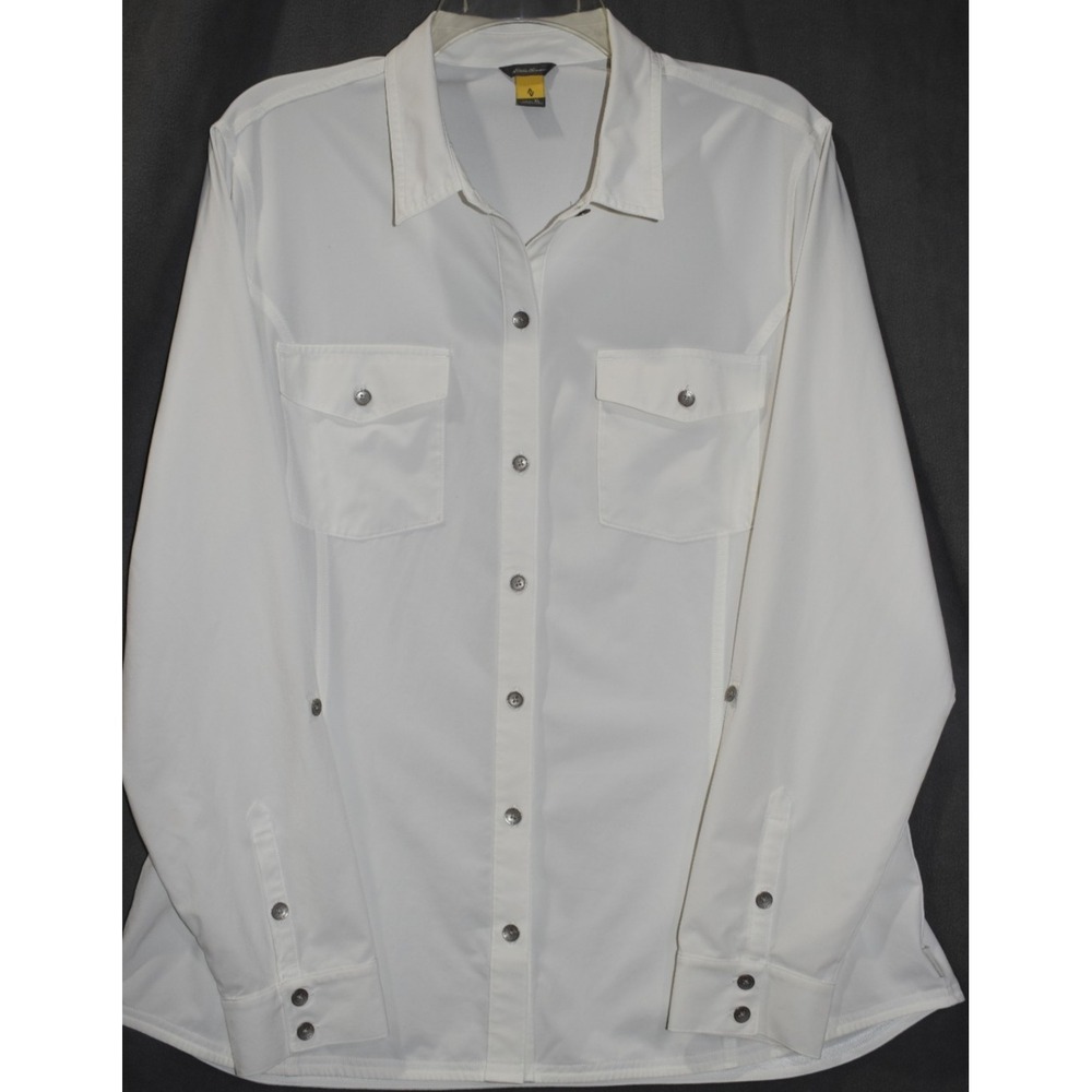Eddie Bauer XL Women Departure Shirt Ivory Roll Tab Sleeve Button Up Stretch - Picture 2 of 16